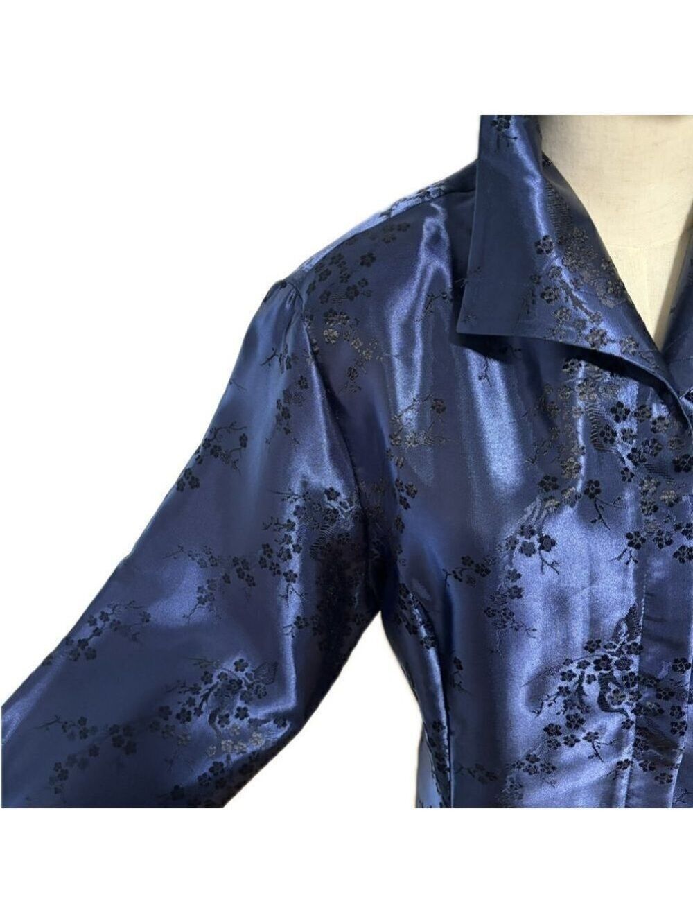 90s SATIN BROCADE BLUE ASIAN INSPIRED BROCADE LIZ BAKER SHIRT JACKET SHACKET 14 - Picture 6 of 12